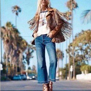 Free People Women's Jeans Sz 26 Chelsea Fray Hem Crop Kick Denim Pant Button Fly